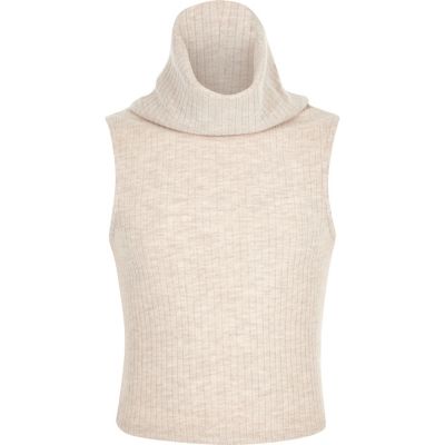 Girls beige rib cowl neck knitted top